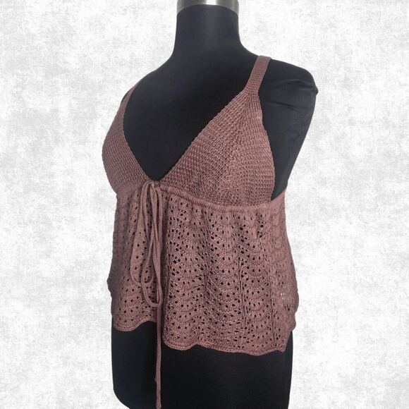 Plus Size 2XL Brown Crochet Tank Top – Boho Festival Knit Cami with Tie Front - Picture 8 of 8
